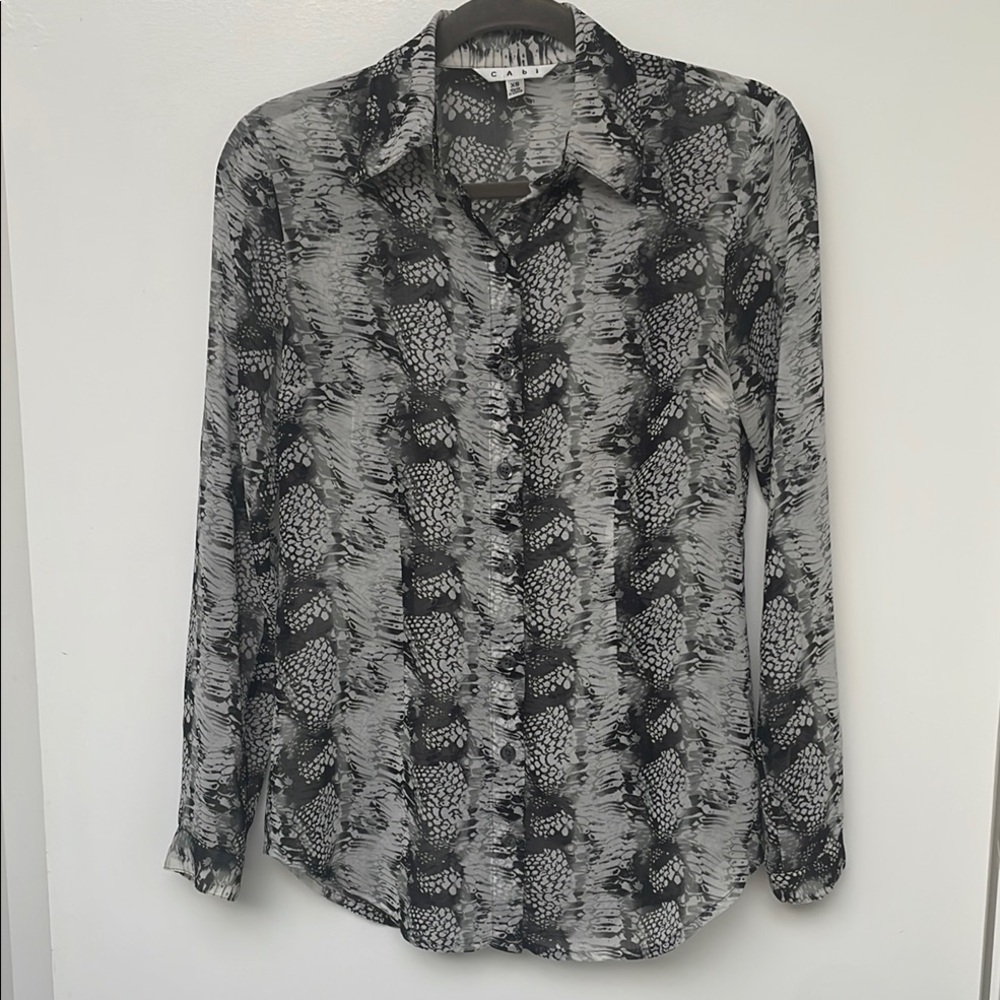 CAbi Sheer Stretchy Snake Print Button-Up Blouse